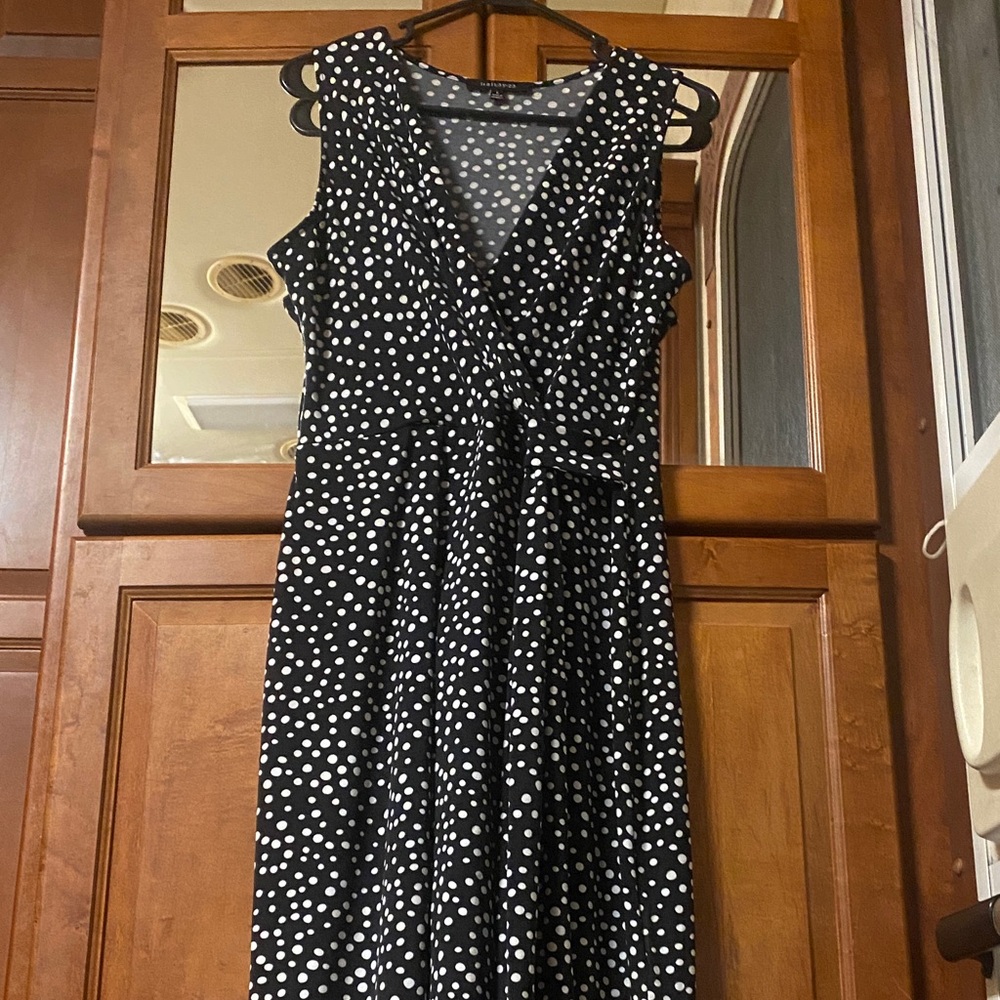 Sleeveless Black & White Polka Dot Faux-Wrap Lg. Midi Dress Academia Summer